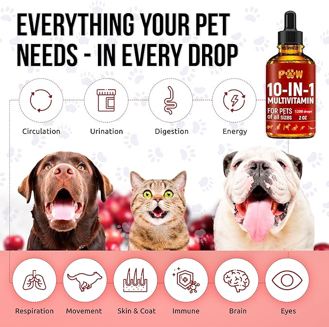 Liquid Multivitamin for Dogs – Daily Glucosamine, Vitamin B, C & D3 Support – Cat Vitamins for Indoor Cats to Care for Joints & HIPS, Skin & Coat, and Gut – Help with Allergies & UTIs – 2 Oz