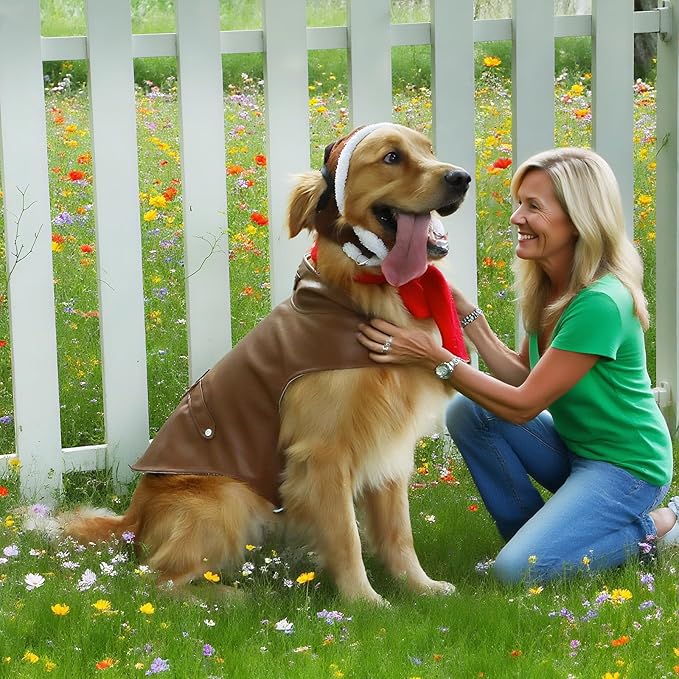 3 Pcs Dog Pilot Costume Set Halloween Dog Costume Aviator Pet Leather Jacket, Pilot's Hat with Goggles and Scarf Set Funny Cosplay Outfit for Extra Large Pet