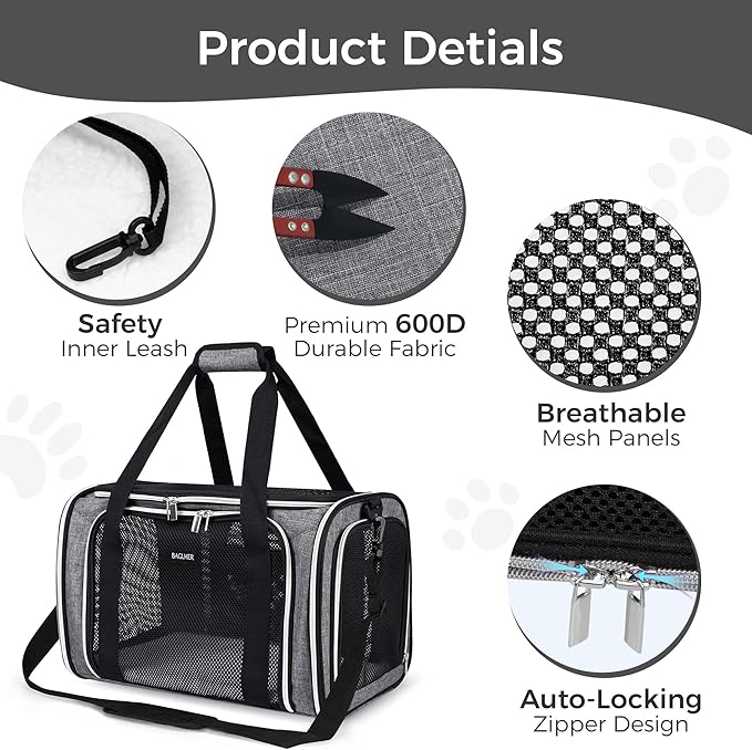 BAGLHER Pet Travel Carrier, Cat Carriers Dog Carrier for Small Medium Cats Dogs Puppies, Airline Approved Small Dog Carrier Soft Sided, Collapsible Puppy Carrier. Grey