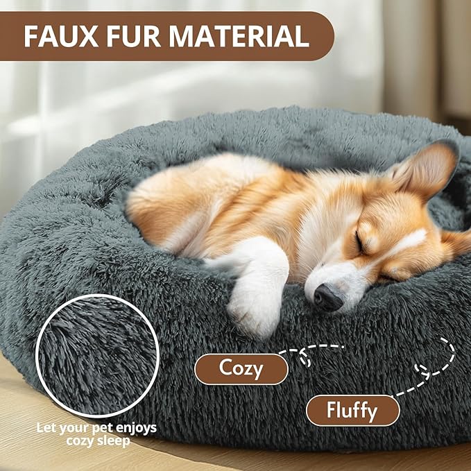 JOLLYVOGUE Calming Dog & Cat Bed for Small Dogs, Anti-Anxiety Donut Cuddler Cozy Soft Round Bed with Anti-Slip Bottom, Fluffy Faux Fur Plush Cushion Beds for Small Medium Dogs (27")