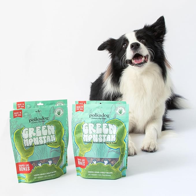 Polkadog Green Monstah Bones Crunchy Treats - Dog Treat for Small & Large Dogs with Vitamin-Rich Kelp, Omega-3, Protein - New England Green Crab & Kelp Blend - Training Size