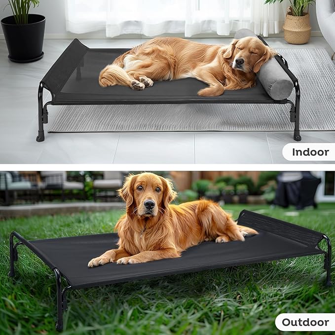 Veehoo Large Elevated Dog Bed, Outdoor Raised Dog Cot Hammock Bed with One-Sided Removable Headrest Bolster, Cooling Breathable Washable Teslin Mesh, Off Ground, Anti-Slip, XL, CWC2204BCP