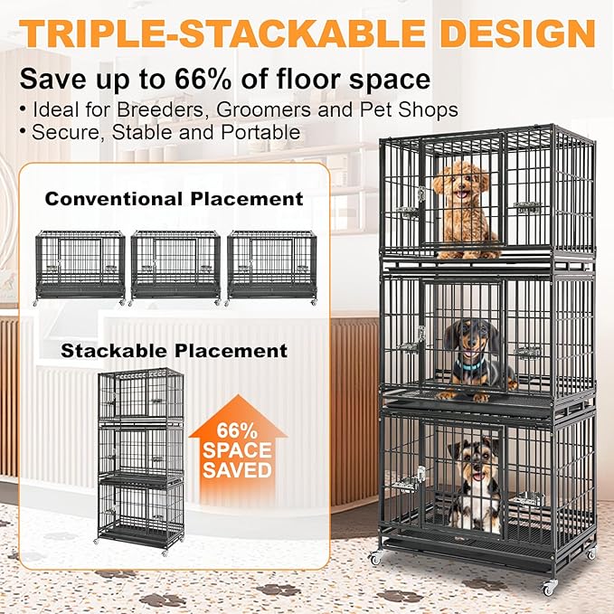 Homey Pet Three Tiers 37 Inch Dog Crate, Escape Proof Dog Cage Kennel Indoor with Top Access and Lockable Wheels, Removable Tray, Heavy Duty Dog Crates for Medium/Small Dogs