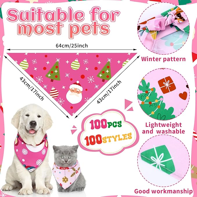 100 Pcs Christmas Dog Bandanas Bulk Pet Bibs Pink Triangle Scarf Pink Pet Bandanas for Medium Large Girls Dogs Christmas Xmas Party Birthday Costume Decor