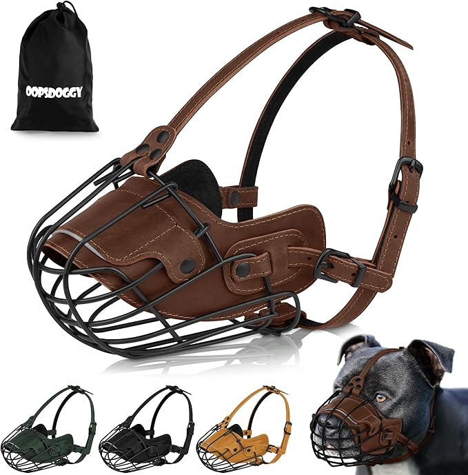 OOPSDOGGY Metal Pitbull Dog Muzzle Reflective Leather Mask Secure Wire Basket Muzzle for Large Dogs Brown, Pitbull