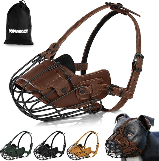 OOPSDOGGY Metal Pitbull Dog Muzzle Reflective Leather Mask Secure Wire Basket Muzzle for Large Dogs Brown, Pitbull
