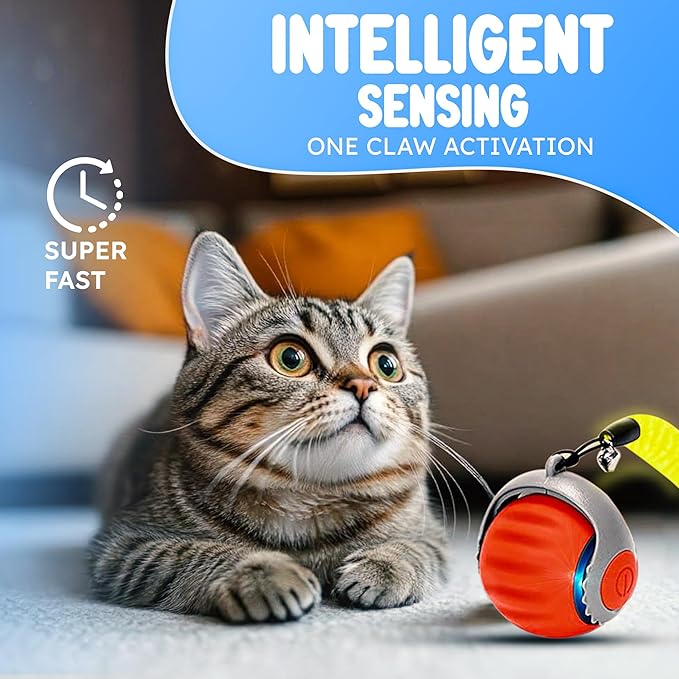 Smart Cat Toy Balls – Speedy 3.0 Interactive Ball with Tail, Automatic Rolling, Two Speed Modes, USB Rechargeable, Indoor Enrichment Toy for Bored Cats (Orange)