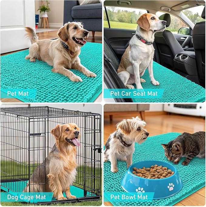OLANLY Dog Door Mat for Muddy Paws 47x20, Absorbs Moisture and Dirt, Absorbent Non-Slip Washable Doormat, Quick Dry Chenille Mud Mat for Dogs, Entry Indoor Entryway Carpet for Inside Floor, Teal