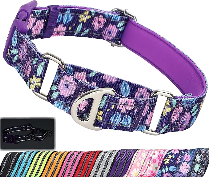 Heavy Duty Martingale Collar for Dogs - Reflective Nylon with Quick Release Buckle & Purple Flowers Design - No Slip Choke Collar for Training, Walking & Nighttime Safety M