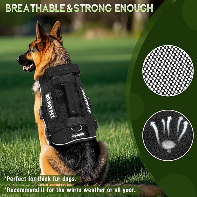WINSEE Mesh Dog Harness with 10 Pet Patches for Small Service Dog in Training, Breathable Tactical Molle Vest with Double Handle, Reflective Military Pet Vest for Walking Hiking
