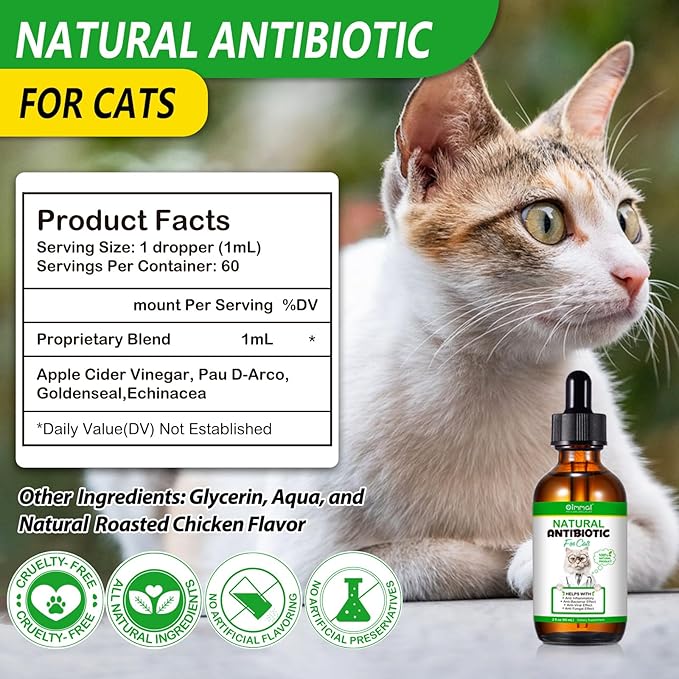 Natural Antibiotics for Cats, Antibiotic Liquid Drops Helps Immune System, Cat Antibiotic Supports Allergy Relief, Itching & UTI, Pet Health Supplies Multivitamins, Chicken Flavour - 4 Fl Oz / 2 Pack