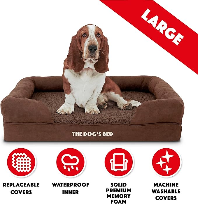 The Dog’s Bed, Large Brown Plush, Memory Foam, Pain Relief: Arthritis, Hip & Elbow Dysplasia, Post Surgery, Lameness, Supportive, Calming, Waterproof Washable Cover