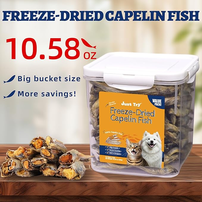 Just Try 10.58 oz Freeze Dried Dog Treats Capelin Fish Raw Single Ingredient Cat Treats High Protein Training Treats Pet Snacks Omega 3 for Skin Coat Health