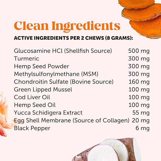 Hemp Hip & Joint Supplement for Dogs - Hemp Oil & Powder - Glucosamine Chondroitin for Dogs, Turmeric, MSM, Green-Lipped Mussel, Supports Mobility, May Reduce Discomfort (Duck)