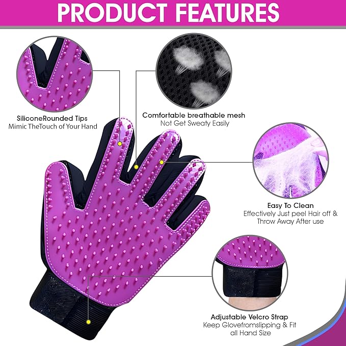 Upgrade Pet Grooming Gloves, Grooming Gloves for Dogs, Cats, Rabbits & Horses with Long and Short Hair, Efficient Pets Hair Remover Mittens - 1 Pair (Purple)