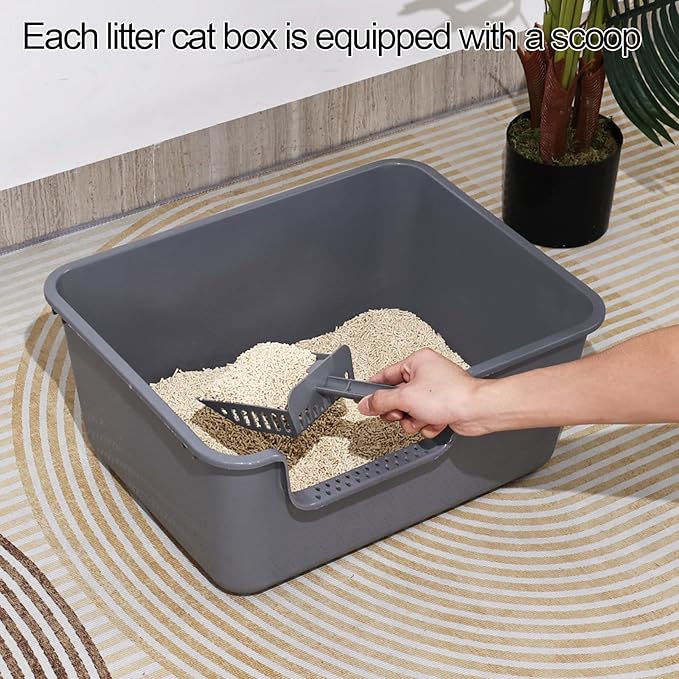 4 Packs Plastic High Wall Cat Litter Box with Scoop, Open Top Cat Litter Basin, Gray