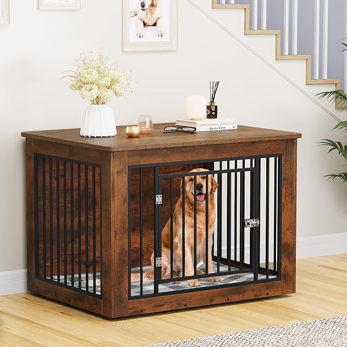 YITAHOME 43.7" L Dog Crate Furniture for Large Dog, 2-in-1 Iron-Wood Fusion Modern Dogs Kennel Indoor up to 80 lb, Side End Table, Adjustable feet, Waterproof Top, Safety Corners, Rustic Brown