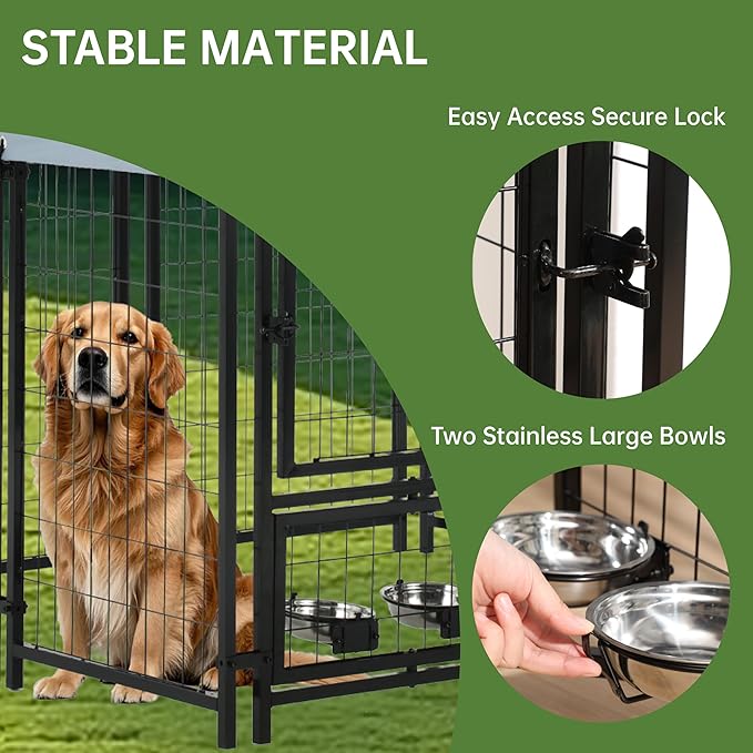 Outdoor Dog Enclosure Heavy Duty Dog Kennel House Mesh Dog Big Cage Pet Kennel Steel Fence with Secure Lock and UV-Resistant Waterproof Roof Cover for Outside (4x4x6 FT)
