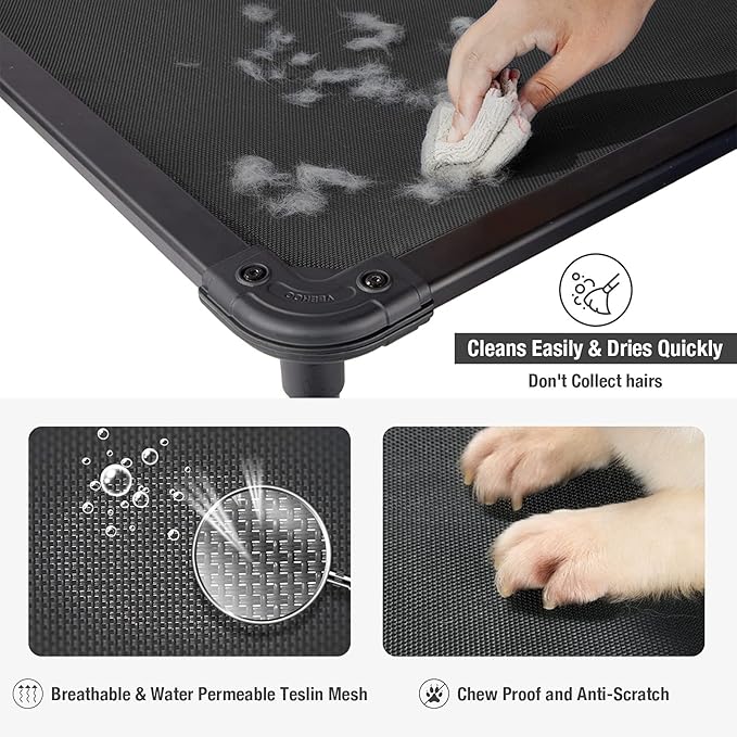 Veehoo Chew Proof Elevated Dog Bed - Cooling Raised Pet Cot - Rustless Aluminum Frame and Durable Textilene Mesh, Unique Designed No-Slip Feet for Indoor or Outdoor Use, Black, X-Large, CWC2002