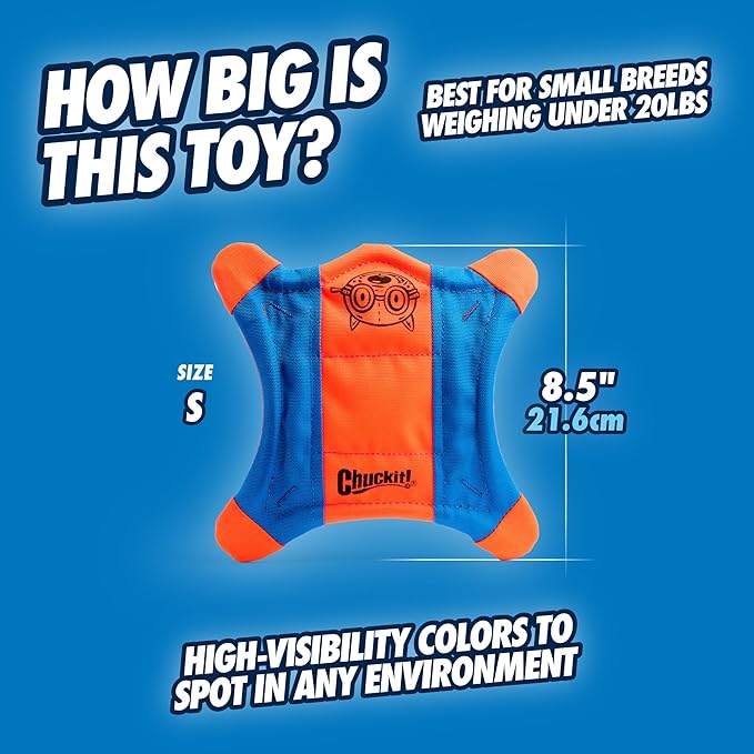 Chuckit! Flying Squirrel Fetch Dog Toy - Water Floating Flyer - Soft and Durable Polyester Canvas Construction - For Small Dogs - Size Small - 8.25-inch Diameter - Pack of 1 - Orange and Blue