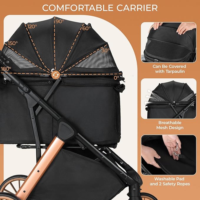 MAMIZO Foldable Dog Stroller for Medium Small Dogs Cats Up to 55 Lbs, Aluminum and Carbon Steel Frame Pet Stroller, Height-Adjustable Handle Puppy Strollers with Zipperless Design, Shock Absorbers