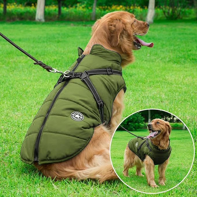 Aiboria Dog Jackets for Winter Windproof Waterproof 2 in 1 Outfit Cold Weather Coat Dog Vest Harness Puppy Winter Warm Jacket Green XXL
