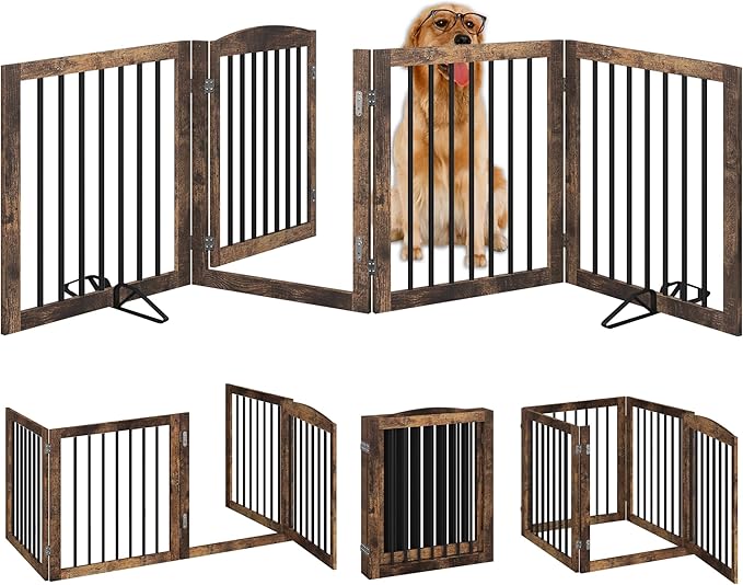 Vantas Folding Pet Gate 96" Wide, 30" Tall No-Assembly Wooden Dog Gate with Door Walk Through, Freestanding Pet Gate, Puppy Safety Fence, with 2PCS Support - Rustic Brown