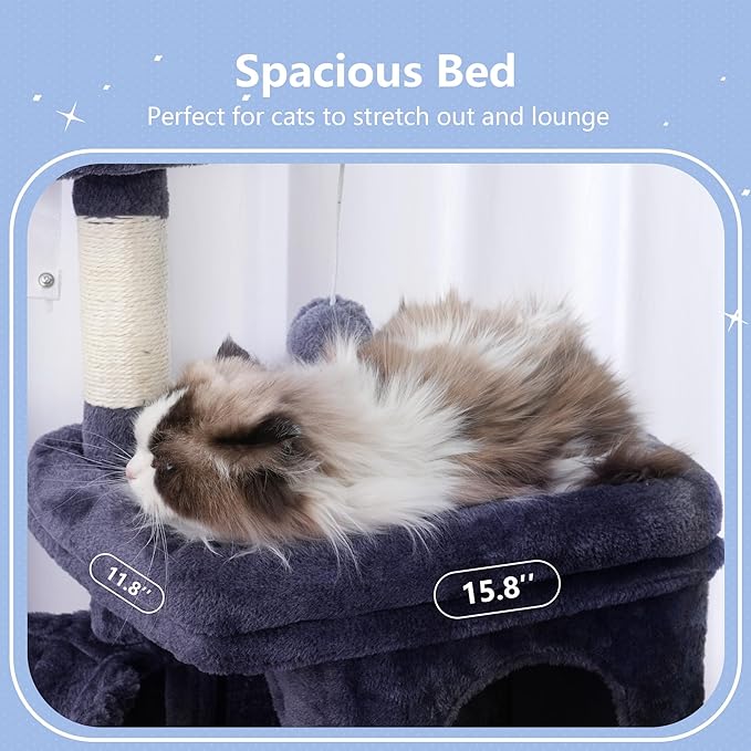 Hey-brother Cat Tree Tower, Scratching Posts with Cozy Condo, Padded Bed, Hammock, Plush Perch, Sisal Post and Ball for Indoor Kittens, 44.9 Inches, Smoky Gray MPJ009SG