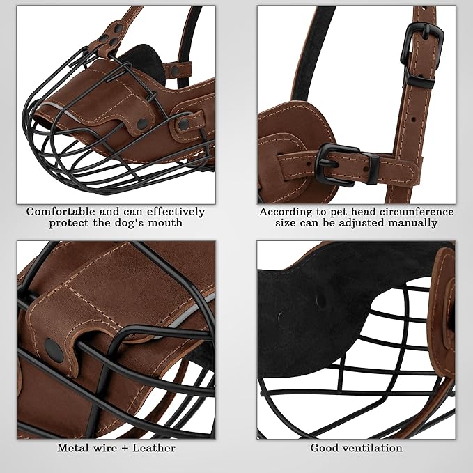 OOPSDOGGY Metal Pitbull Dog Muzzle Reflective Leather Mask Secure Wire Basket Muzzle for Large Dogs Brown, Pitbull