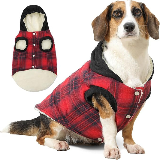 Fleece Lining Dog Hoodie for Large Dogs Extra Warm Plaid Sweater with Drawstring Hooded Coats in Winter Doggie Jacket,Red XXL