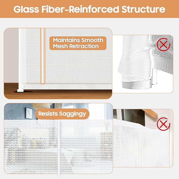 180" Extra Wide Retractable Baby Gates for Large Openings, 42" Extra Tall with Support Rods, Prevent Crawling, Mesh Dog/Pet Gate for Stairs/Doorways, Indoor/Outdoor Use