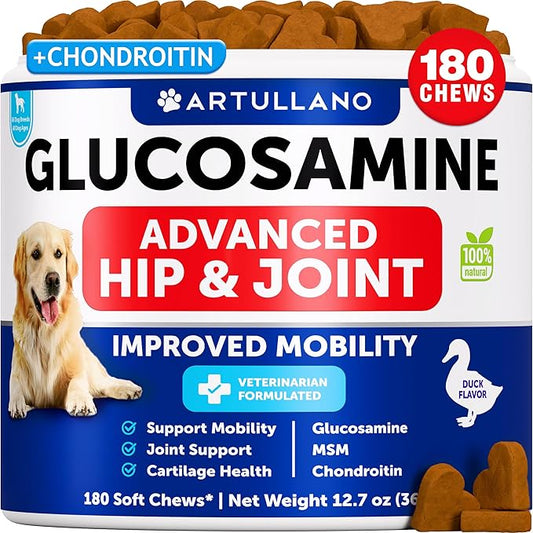 Glucosamine for Dogs - Hip and Joint Supplement for Dogs with Arthritis - Chews with Chondroitin, Hemp Oil, MSM - Canine Joint Pain Relief Health - Mobility Support for Large Breeds - 180 Soft Treats