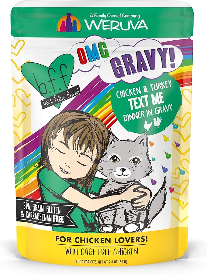 Weruva B.F.F. OMG - Best Feline Friend Oh My Gravy!, Chicken & Turkey Text Me with Chicken & Turkey in Gravy, 2.8oz Pouch (Pack of 12)