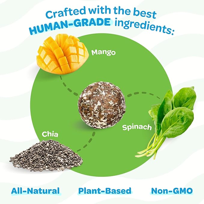 Nutritious All Natural Bulk Dog Treats - Vegan, Fiber-Rich, Human-Grade - All Breeds, Sizes, Ages - Made in New Zealand - Mango, Spinach & Chia - 6pk (108 Dog Treats Bulk)