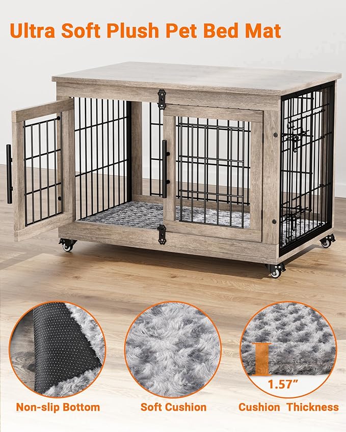 Dog Crate Furniture with Cushion, Wooden Dog Kennel with Double Doors, Heavy Duty Dog Cage End Table with Wheels, Dog House Indoor for Small Medium Dogs up to 45 lb, 32.5” L, Grey