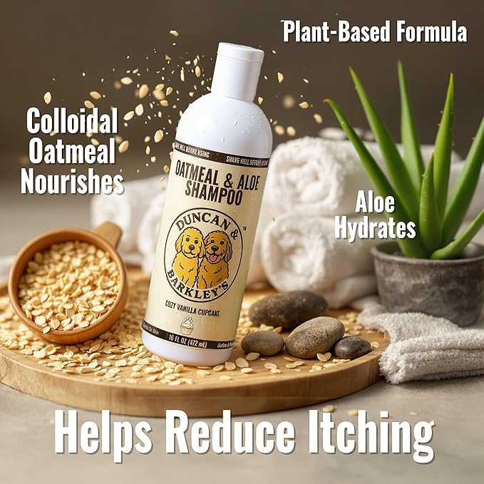 Duncan & Barkley’s Oatmeal & Aloe Dog Shampoo and Conditioner 16 Oz Bottles - Cozy Vanilla Cupcake Scent, Gentle Pet Wash for Sensitive Skin and Vital Volumes Tips Card - Bundle