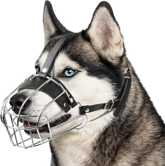 Metal Husky Muzzle for Large Sized Dog – Basket Muzzle for Dogs with Adjustable Leather Straps – Steel Cage Dog Muzzle to Prevent Biting and Eating – Mouth Guard for Large and Medium Dogs