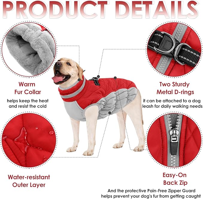 AOFITEE Dog Coat, Warm Dog Jackets for Small Dogs, Dogs Winter Coat with Harness Built in, Reflective Pet Winter Jacket, Waterproof Windproof Puppy Puffer Jacket Fleece Vest, Christmas Red XS