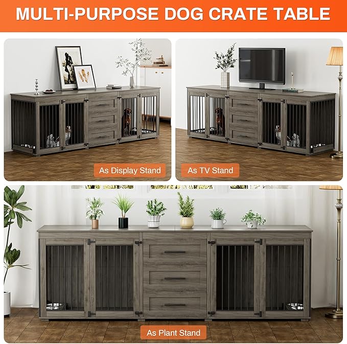 Rophefx 94.5" Dog Crate Furniture for 2 Dogs, Large Dog Kennel Furniture with 3 Storage Drawer, Wooden Dog Cage with 4 Bowls, Indoor Dog House TV Stand with Locks for Large Medium Dog, Grey