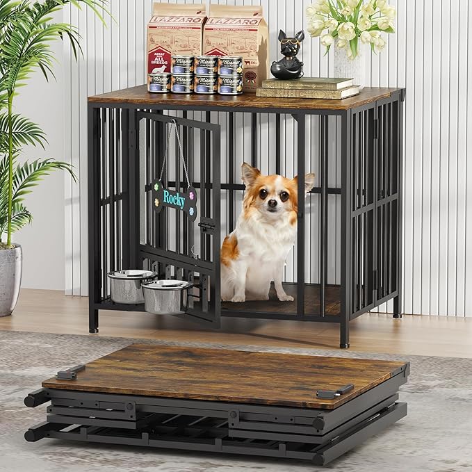 Easycom 27" Dog Crate Furniture Foldable, No Assembly Decorative Dog Kennel Indoor, Dog Crates for Small Dogs (Under 20 lb), Wooden Dog Cage with Adjustable Bowls and Name Tag, End Table, Rustic Brown