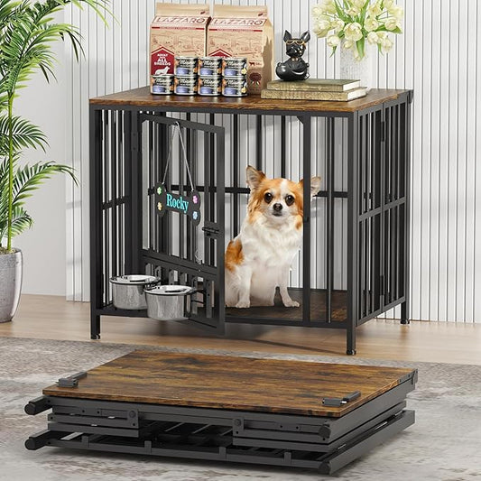 Easycom 27" Dog Crate Furniture Foldable, No Assembly Decorative Dog Kennel Indoor, Dog Crates for Small Dogs (Under 20 lb), Wooden Dog Cage with Adjustable Bowls and Name Tag, End Table, Rustic Brown