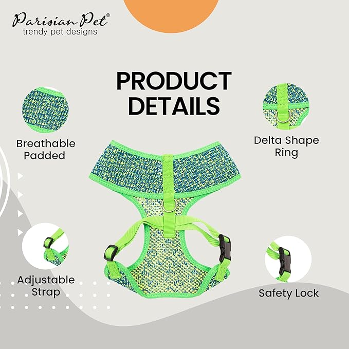 Parisian Pet Soft Padded Green/Blue Adjustable No Pull Puppy Harness - Cooling Dog Harness for Walking, Running, and Hiking - Large Size