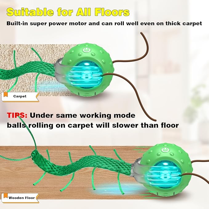 Interactive Cat Toys for Indoor Cats, Moving Cat Ball with Tail, Fast Rolling on Carpet, Chirping & Motion Activate Toy for Bored Indoor Adult Cats