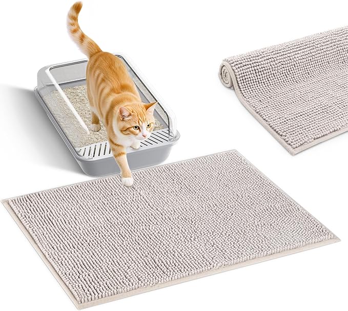 Pieviev Chenille Cat Litter Mat for Litter Box, 36"x30" Soft Ultra Absorbent Mat, Waterproof & Non-Slip, Easy to Clean Litter Trapping Mat for Indoor Cats, Grey