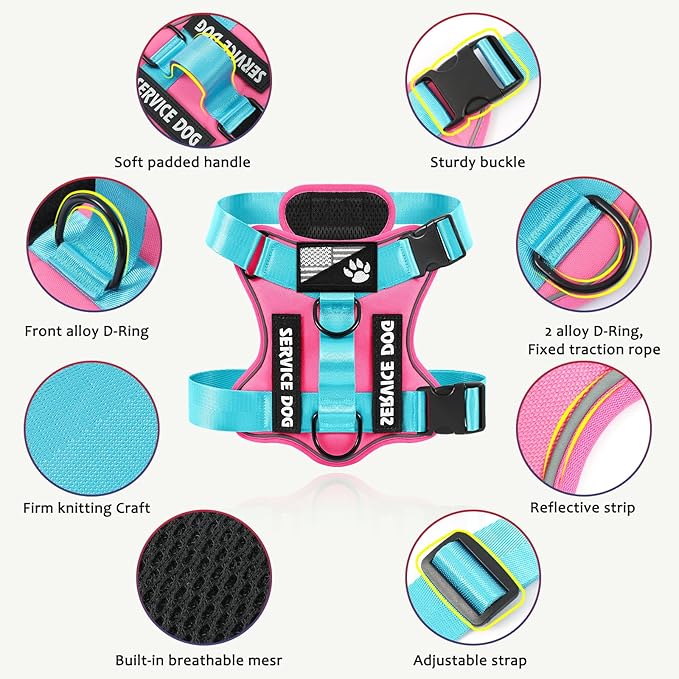 Demigreat Service Dog Harness, Reflective Dog Vest Harness with 5 PCS Patches, Adjustable Soft Oxford Pet Harness, Inner Layer Mesh, Easy to Control for Small Medium Large Dogs