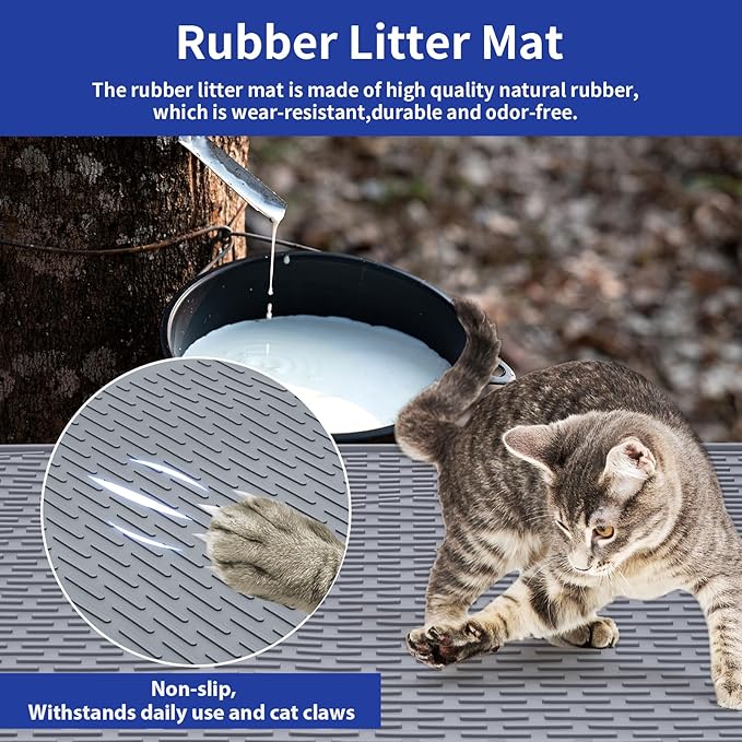 Cat Litter Mat,34x22in Litter Mat with Raised Edges,Waterproof Rubber Litter Box Mat,Soft Washable Cat Litter Mats Litter Trapping Mat Easy to Clean,Indoor Floor Large Kitty Litter Mats Grey