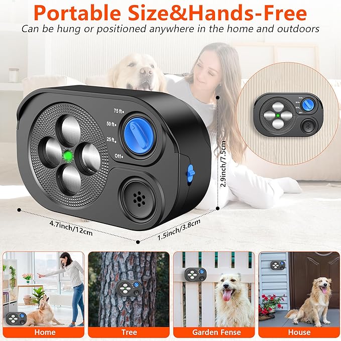 2025 New Anti Barking Device for Dogs, Bark Box Rechargeable Dog Barking Deterrent with Variable Ultra Frequency/6 Modes/IP65 Waterproof Dog Silencer Stop Neighbors‘ Dog from Barking Up to 75ft(Black)