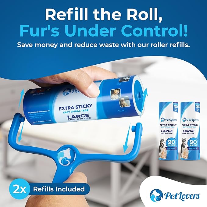 PetLovers 6.3" Large Lint Roller for Pet Hair Extra Sticky 270 Sheets, Ideal for Pet Hair Removal from Furniture & Clothes, Dog and Cat Lint Remover 3 Pack
