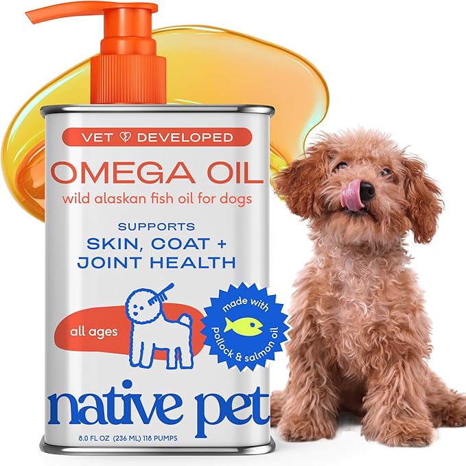 Native Pet Omega 3 Fish Oil for Dogs & Cats - Promotes Healthy Skin, Shiny Coat, & Strong Joints - Made with Wild Alaskan Salmon Oil for Dogs – Tasty, Fast-Absorbing Omega 3 6 9 Liquid Supplement- 8oz