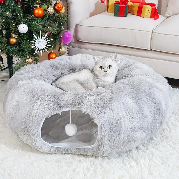 Cat Tunnels for Indoor Cats, Cat Tunnel Bed with Washable Cushion, Collapsible Cat Donut Tunnel for Medium & Large Cat, Peekaboo Cave Toy, Tie-dye Gray